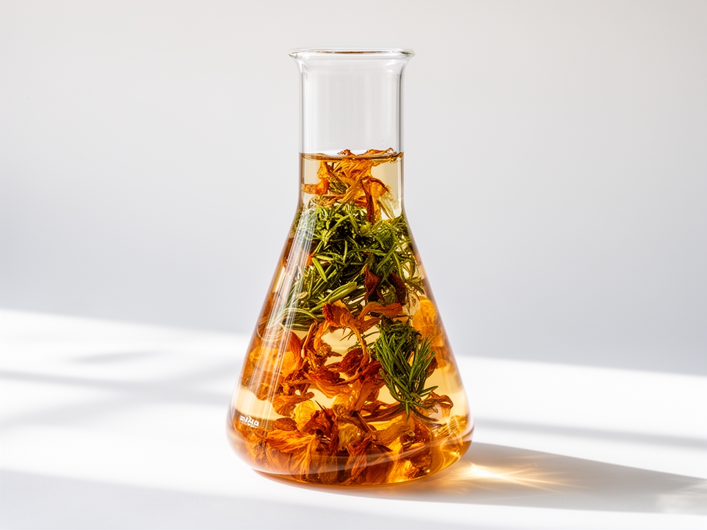 Matraz de laboratorio con líquido transparente y extractos botánicos en colores ámbar y verde sobre fondo blanco iluminado con luz natural directa y sombras suaves