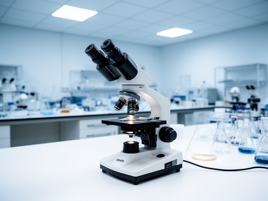Microscopio científico de laboratorio moderno sobre mesa blanca con luz de techo fría, ambiente de investigación limpio y ordenado