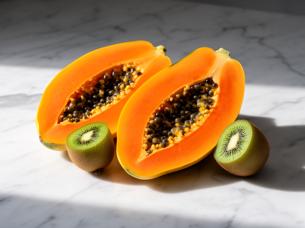 Frutas tropicales cortadas: papaya naranja vibrante, kiwi verde y maracuyá sobre fondo de mármol blanco con luz natural lateral