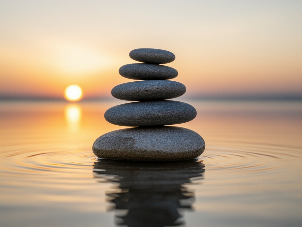 Piedras zen apiladas en equilibrio sobre superficie de agua tranquila al atardecer con reflejo dorado y horizonte difuminado