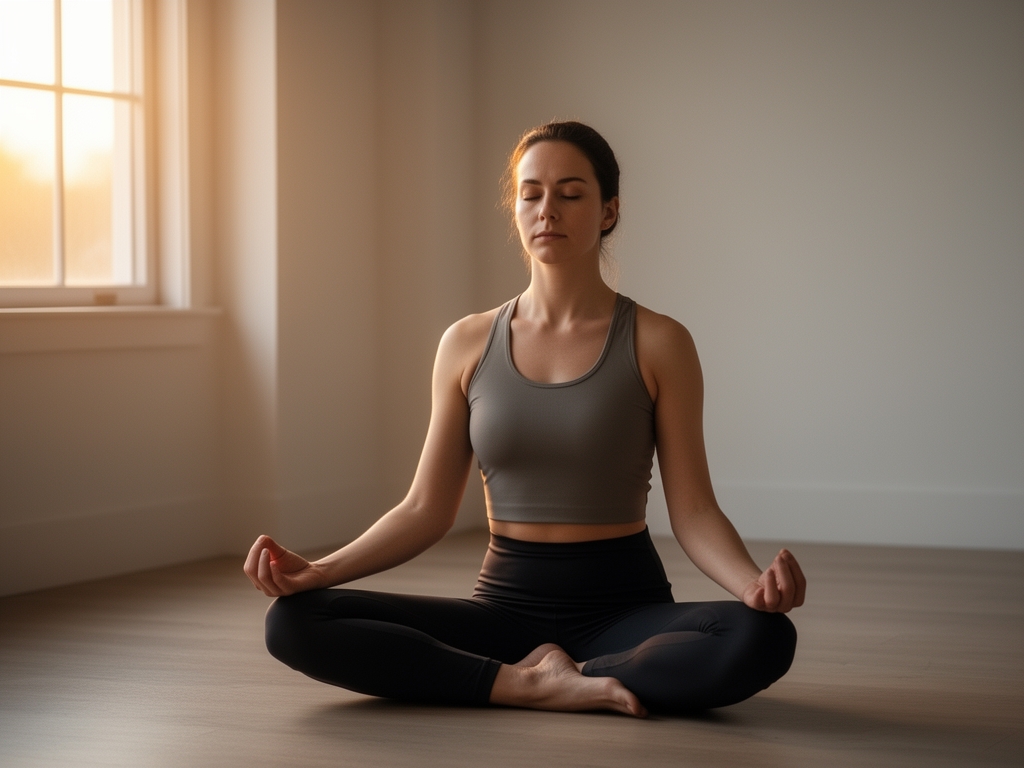 Persona meditando en postura de loto en habitación serena con luz suave de amanecer entrando por ventana, ambiente tranquilo y minimalista